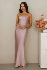 The Felicity Strapless Satin Maxi Dress Dusty Pink
