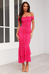 Tanisha Off Shoulder Mesh Midi Dress Pink