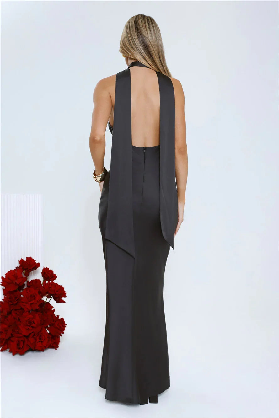 VIP Energy Satin Halter Maxi Dress Black