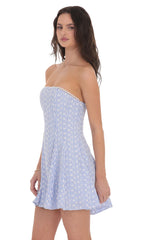 Striped Floral Strapless Dress in Blue and White