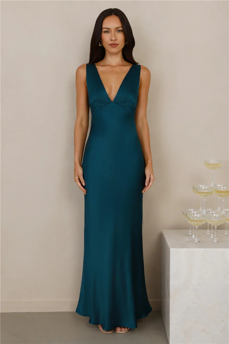 The Isabeau Satin Maxi Dress Teal