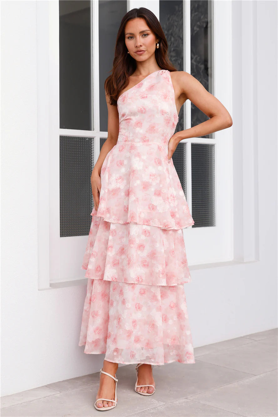 Whispering Waters One Shoulder Maxi Dress Pink