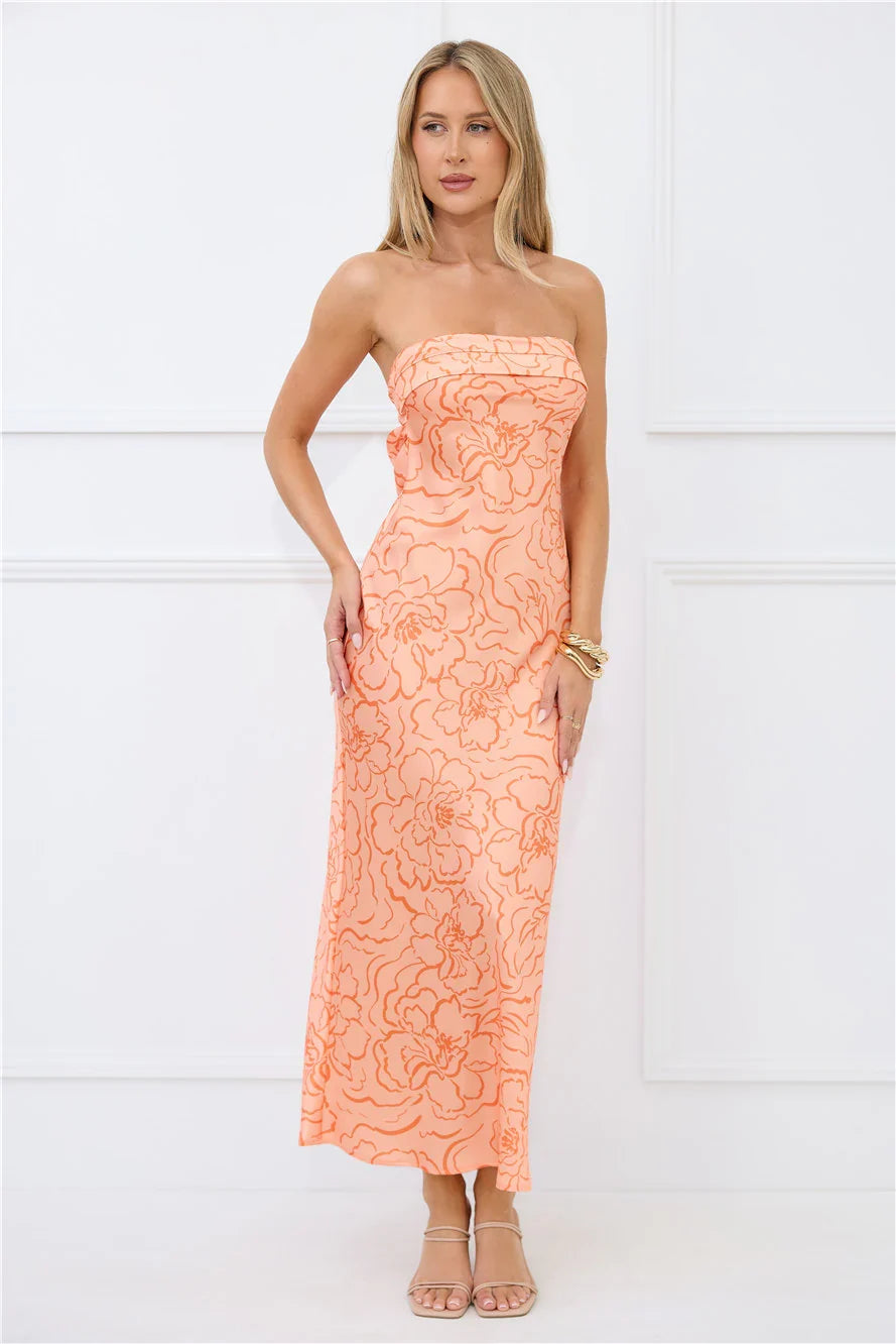 Sunburst Sparkle Strapless Satin Maxi Dress Orange