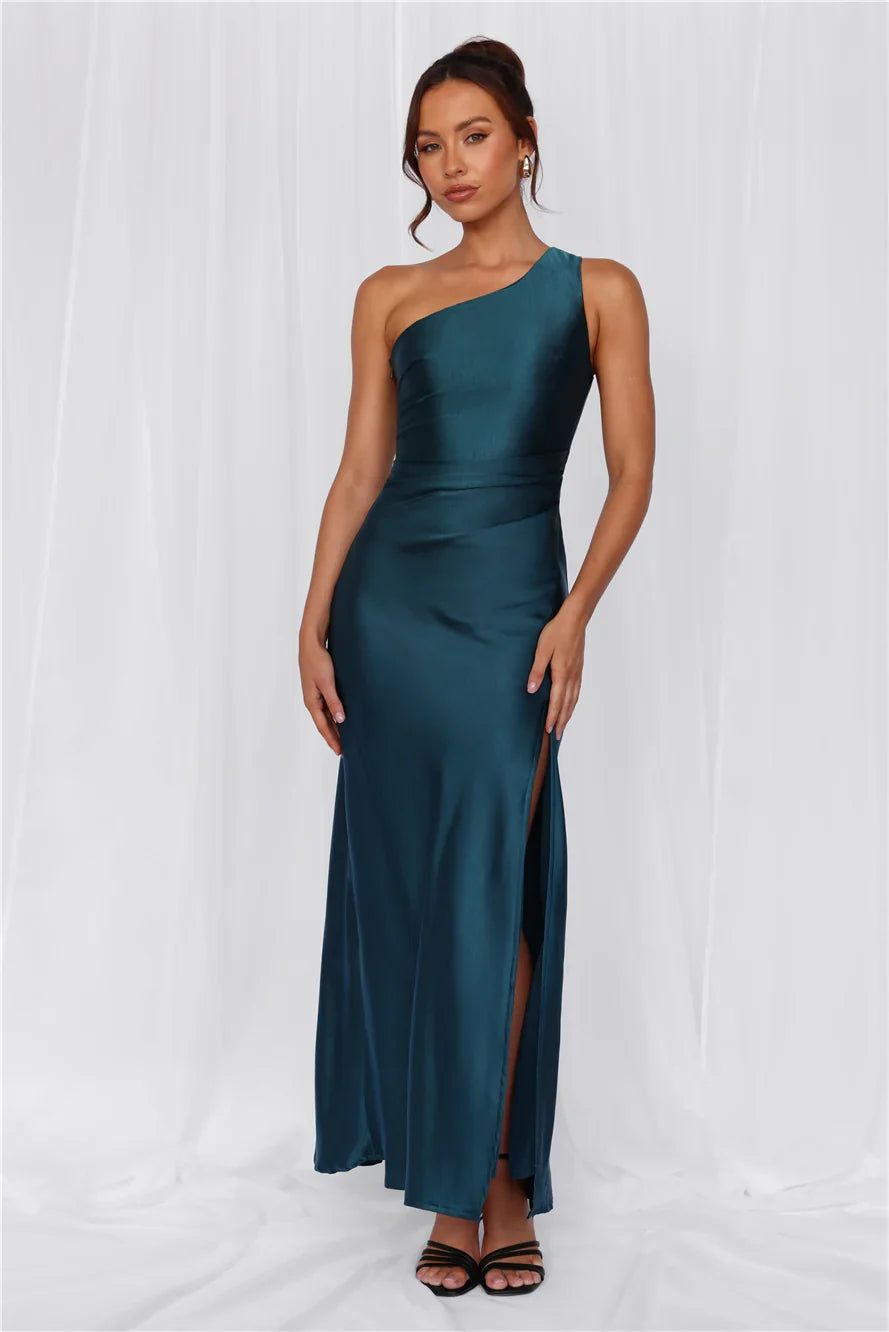 The Aurora One Shoulder Satin Maxi Dress Teal