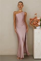 The Aurora One Shoulder Satin Maxi Dress Dusty Pink
