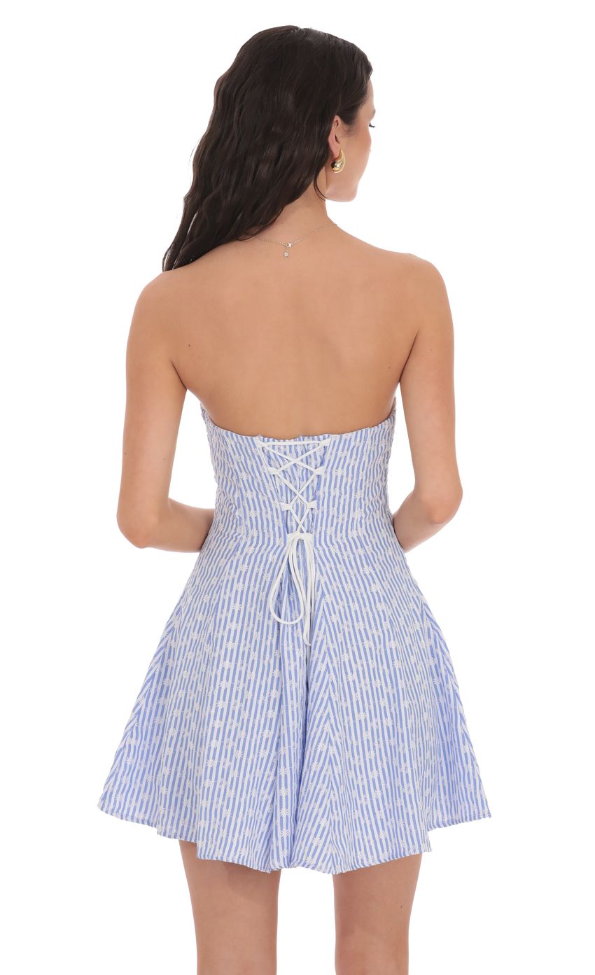 Striped Floral Strapless Dress in Blue and White