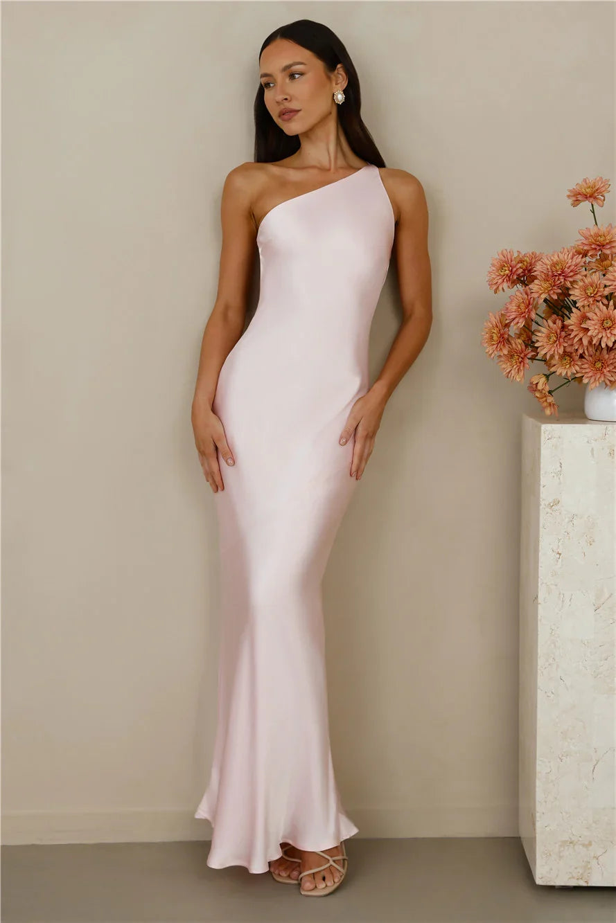 The Evangeline One Shoulder Satin Maxi Dress Pink