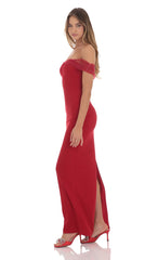 Tulle Off Shoulder Sleeve Maxi Dress in Red