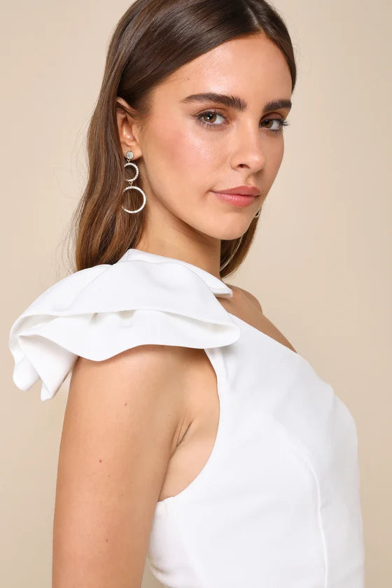 Unstoppable Stunner White Ruffled One-Shoulder Mini Dress