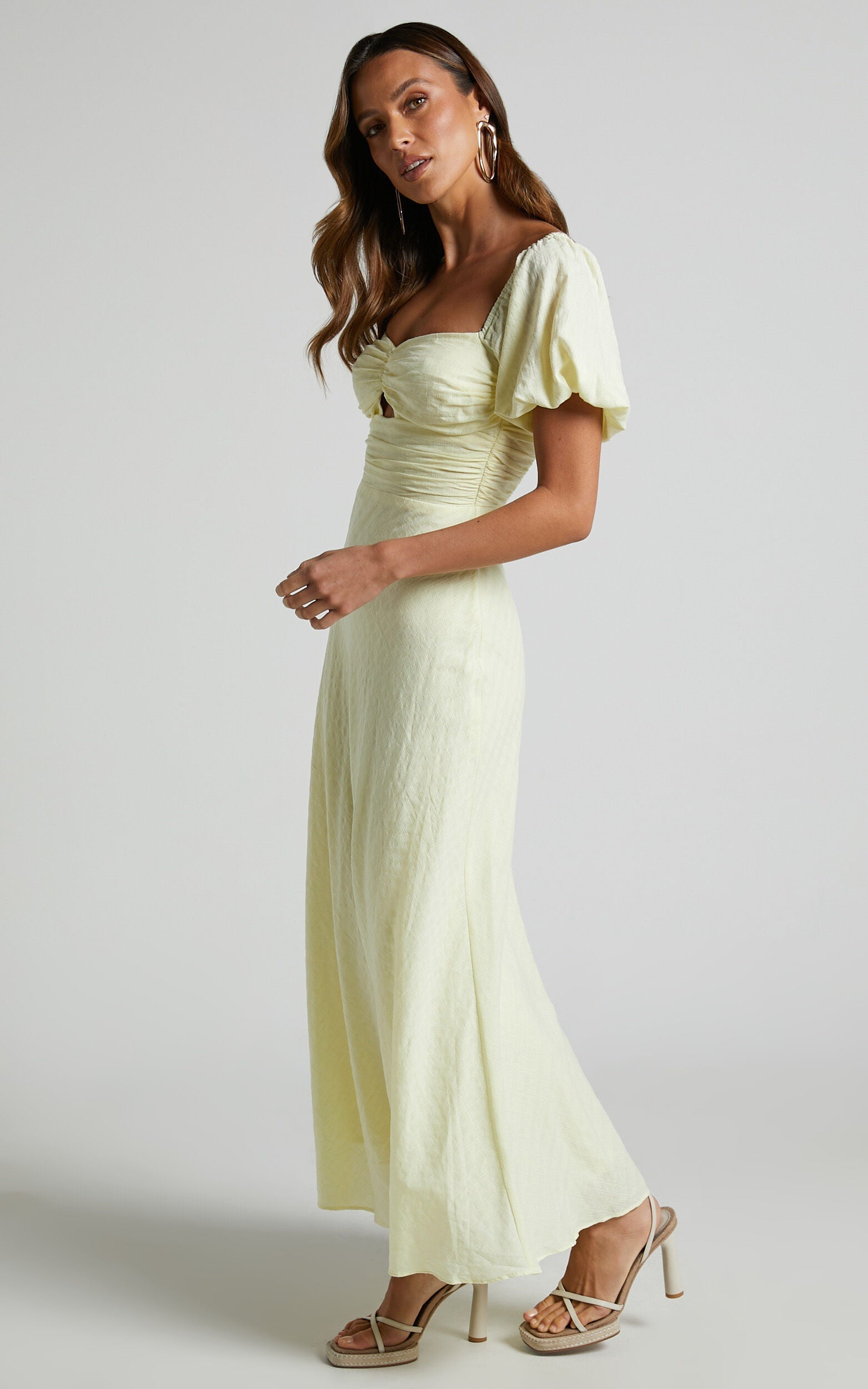 Vynna Midi Dress - Scoop Neck Puff Sleeve Ruched Bust A Line Dress in Butter Yellow