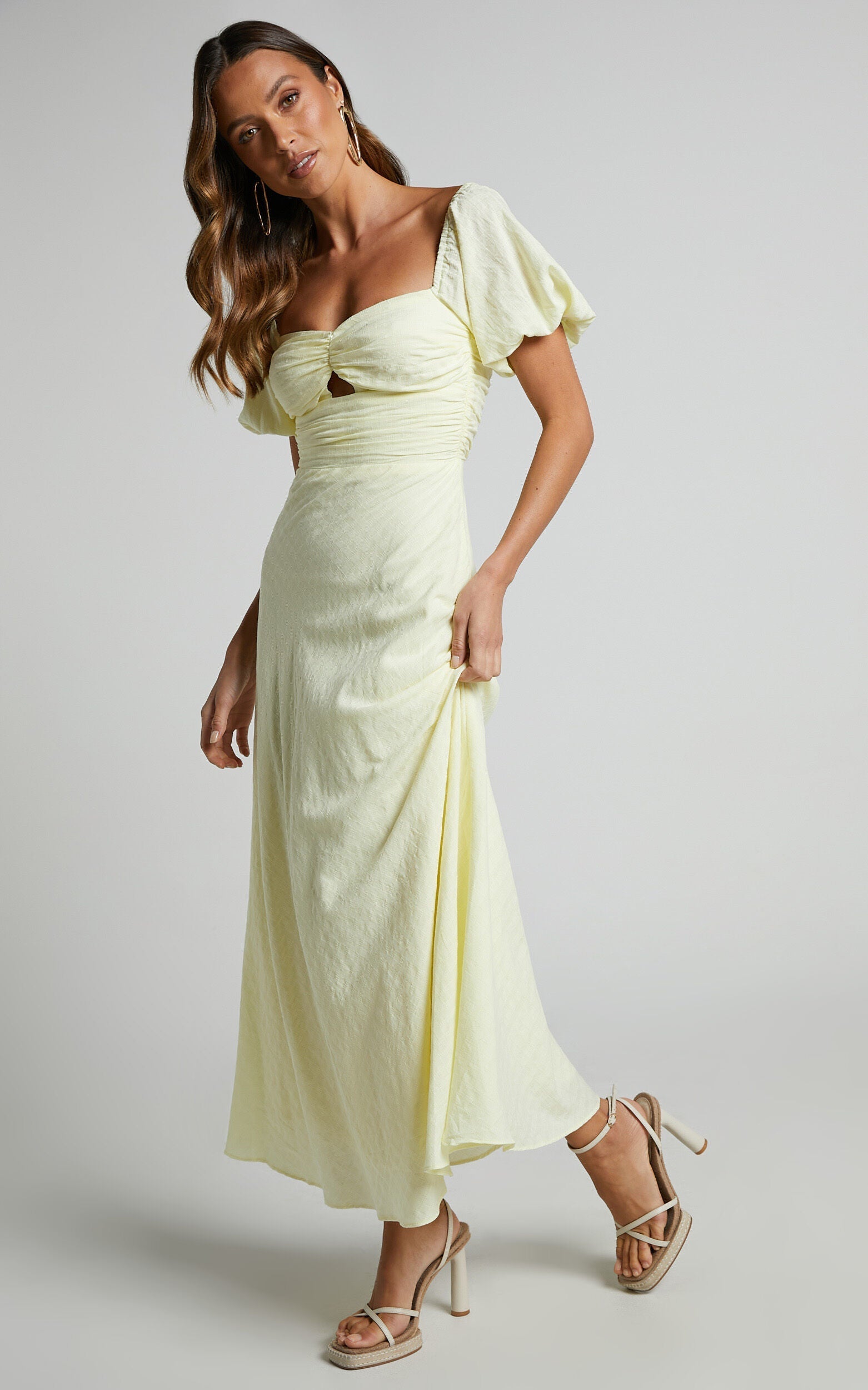 Vynna Midi Dress - Scoop Neck Puff Sleeve Ruched Bust A Line Dress in Butter Yellow